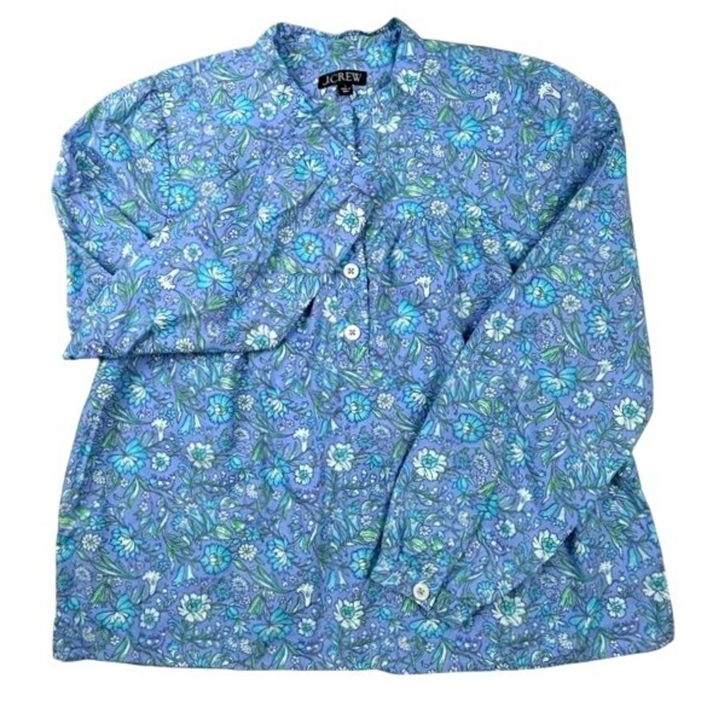 J.Crew Womens Blue Floral Cotton Band Collar Long Sleeve Blouse Top Large - Picture 3 of 6